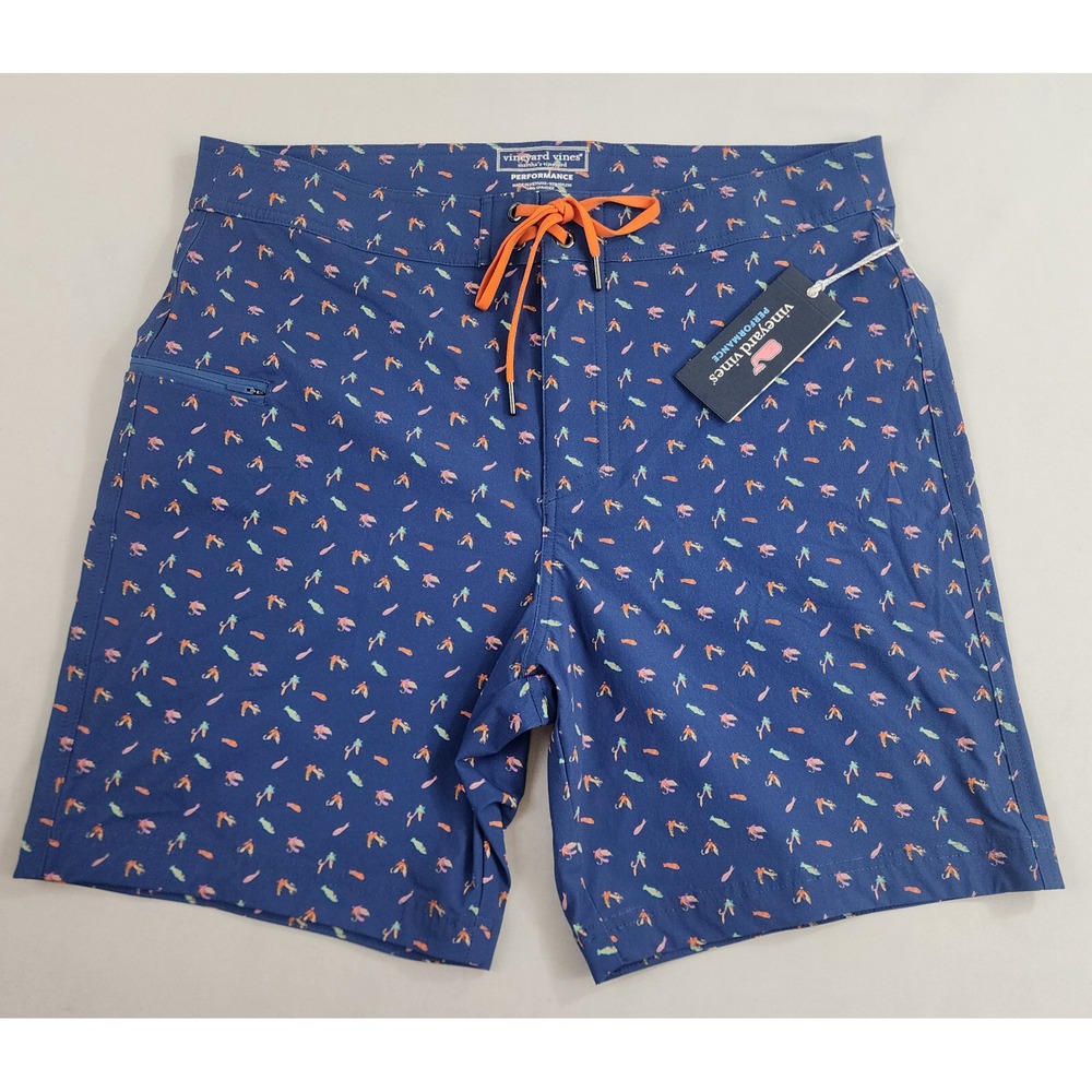 Vineyard Vines Performance swim trunks shorts W 32 blue fish pocket zip $98 mens